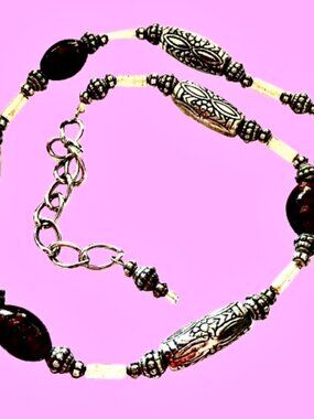 Original Designs Beaded Necklace Handcrafted Etched Beads Brown & Silver-tone